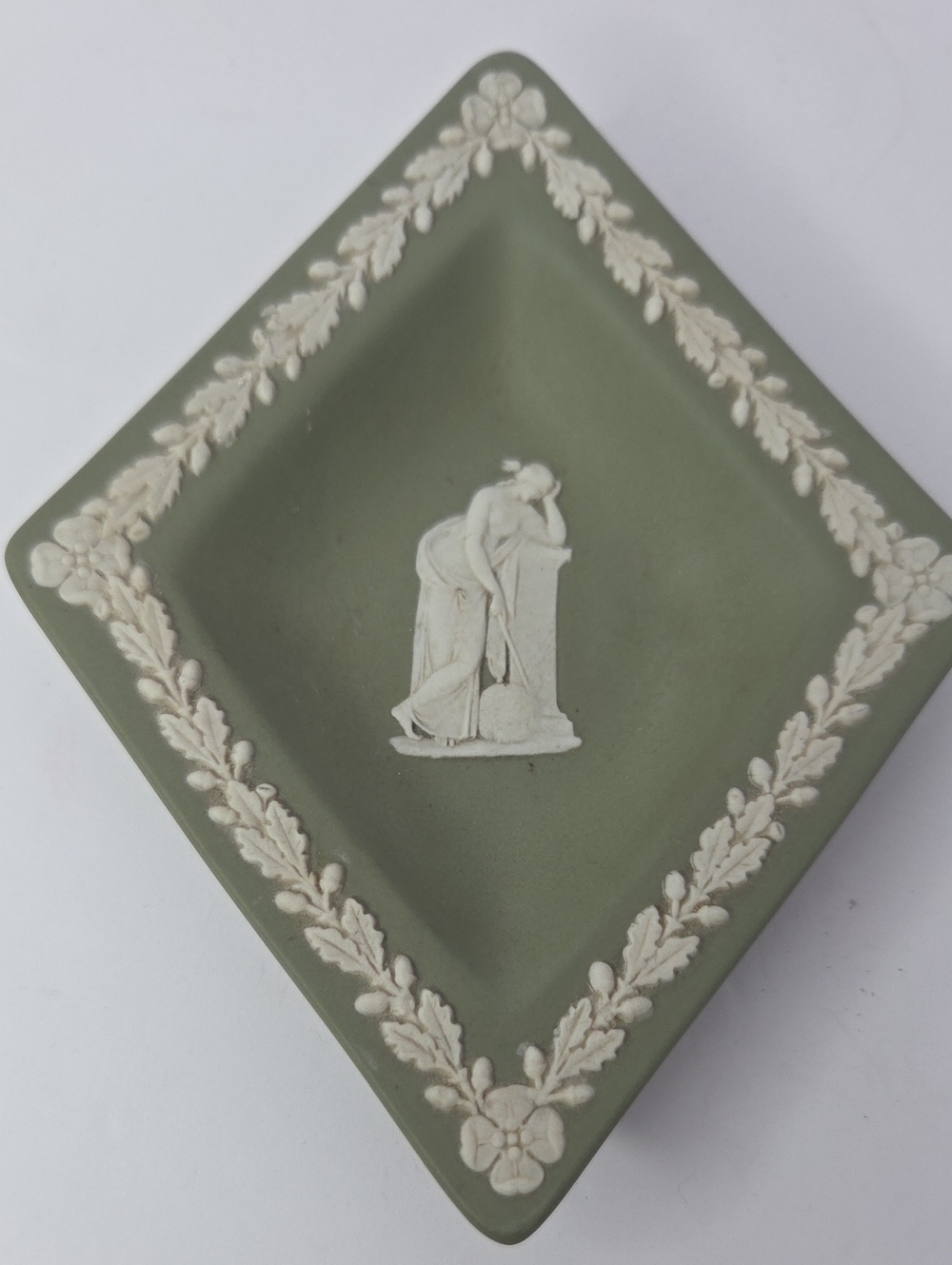 Vintage green Wedgwood Jasperware diamond-shaped trinket dish